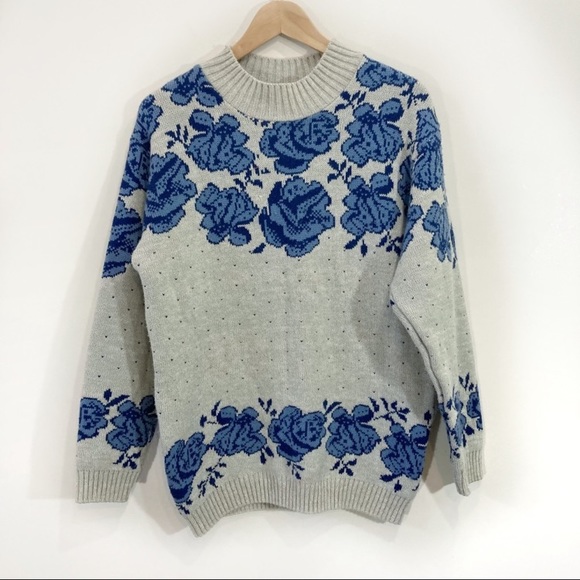 Vintage Sweaters - Vintage 90s Tradition Blue Floral Print Sweater Oatmeal Sz Medium Cottagecore